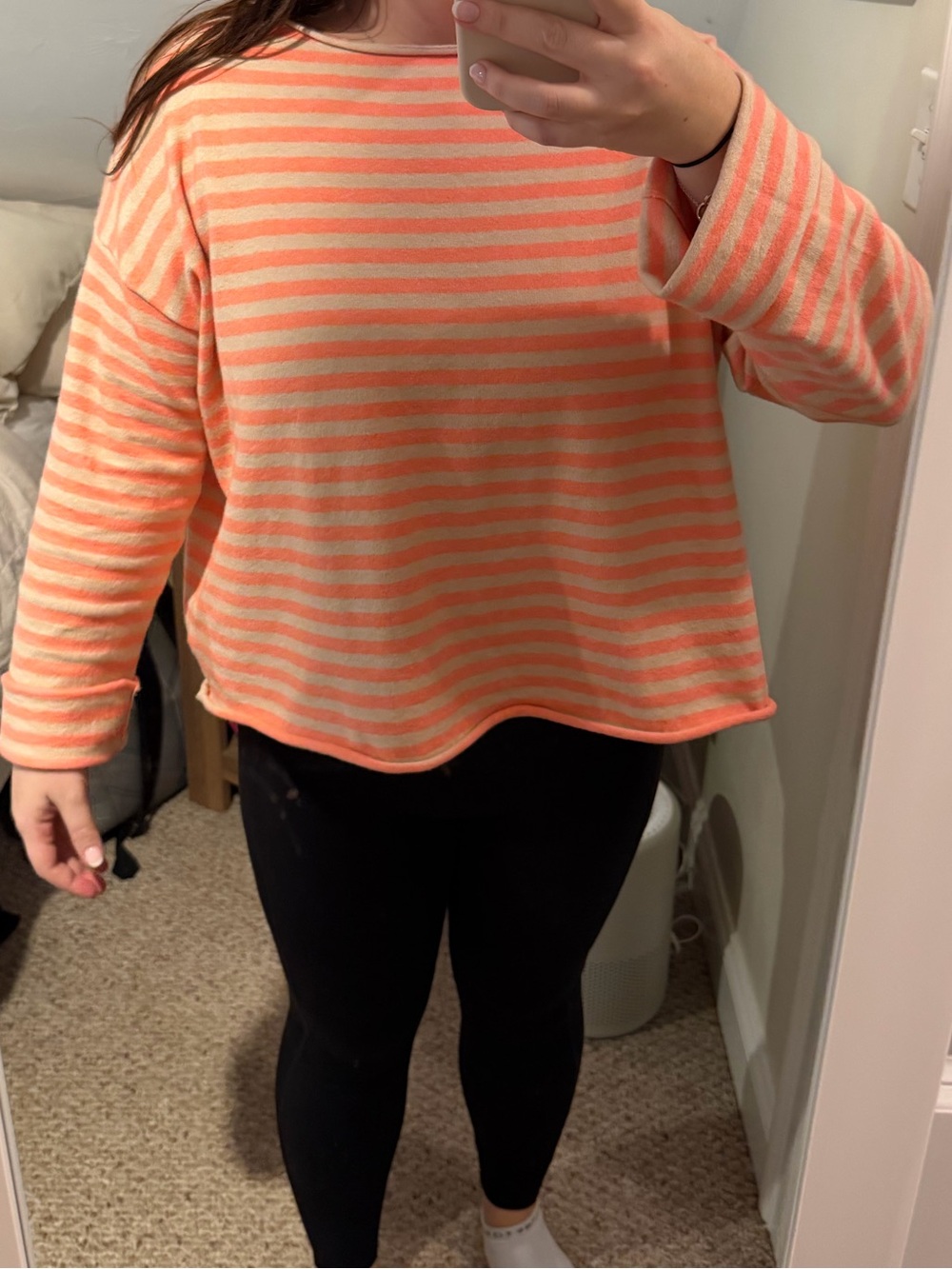 aerie Coral and Cream Striped Long-Sleeve Boxy Top